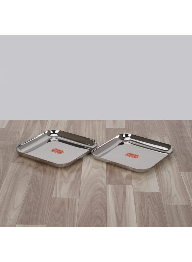 Sumeet Stainless Steel Medium Square Shape Plate/Snacks Plate/Breakfast Plate Set of 2pcs, 20cm dia, Silver - Image 1